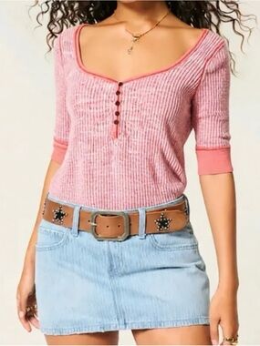We The Free Pink Ribbed Henley Top